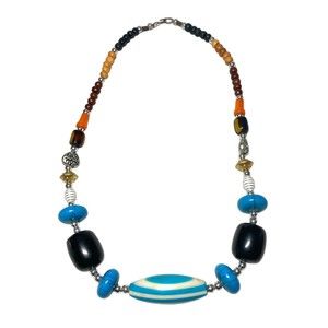 Chunky Beaded Statement Necklace Laminated Acetate Resin Wood Metal 24"